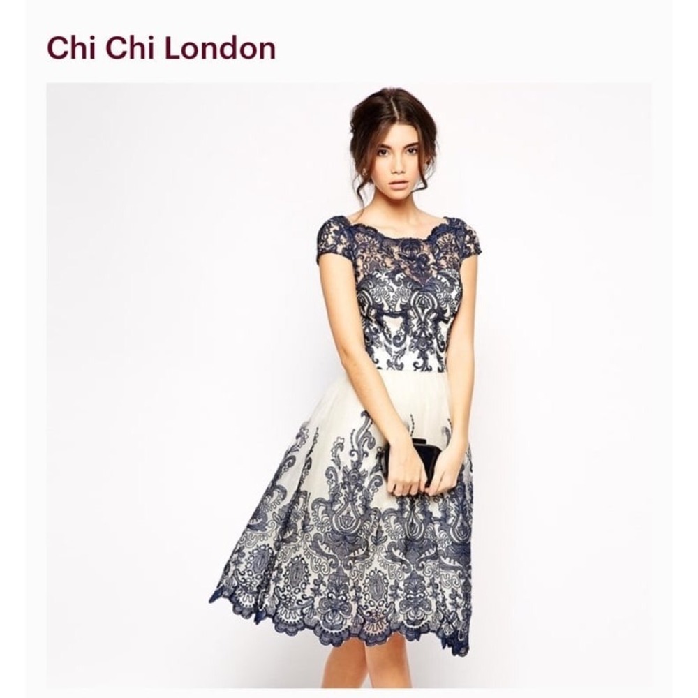 Chi Chi London Dress Lace Blue Bardot Neck size 6